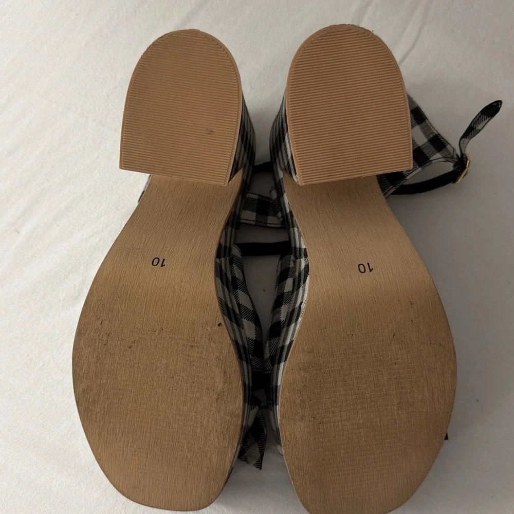 Seychelles New American Black White Gingham Platform Sandals Bow Block Heel 10